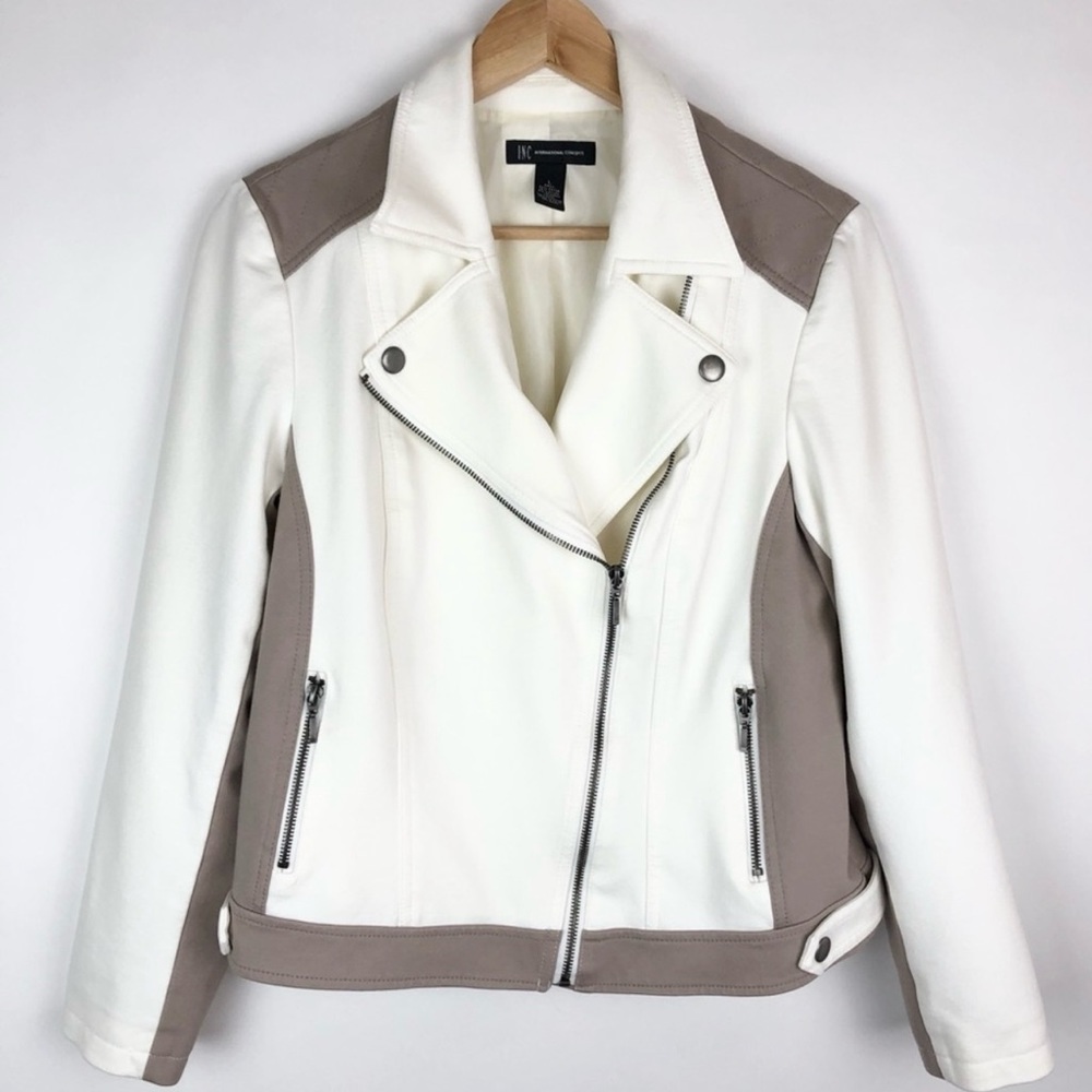 INC International Concepts Moto Jacket White & Tan Large